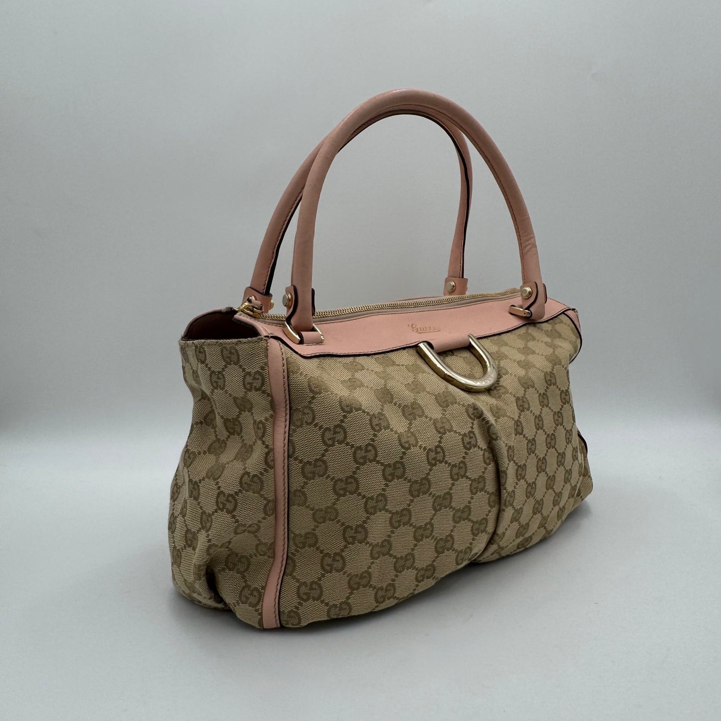 Gucci Beige Monogram Canvas Light Pink Leather Abbey D-Ring Tote Shoulder Bag