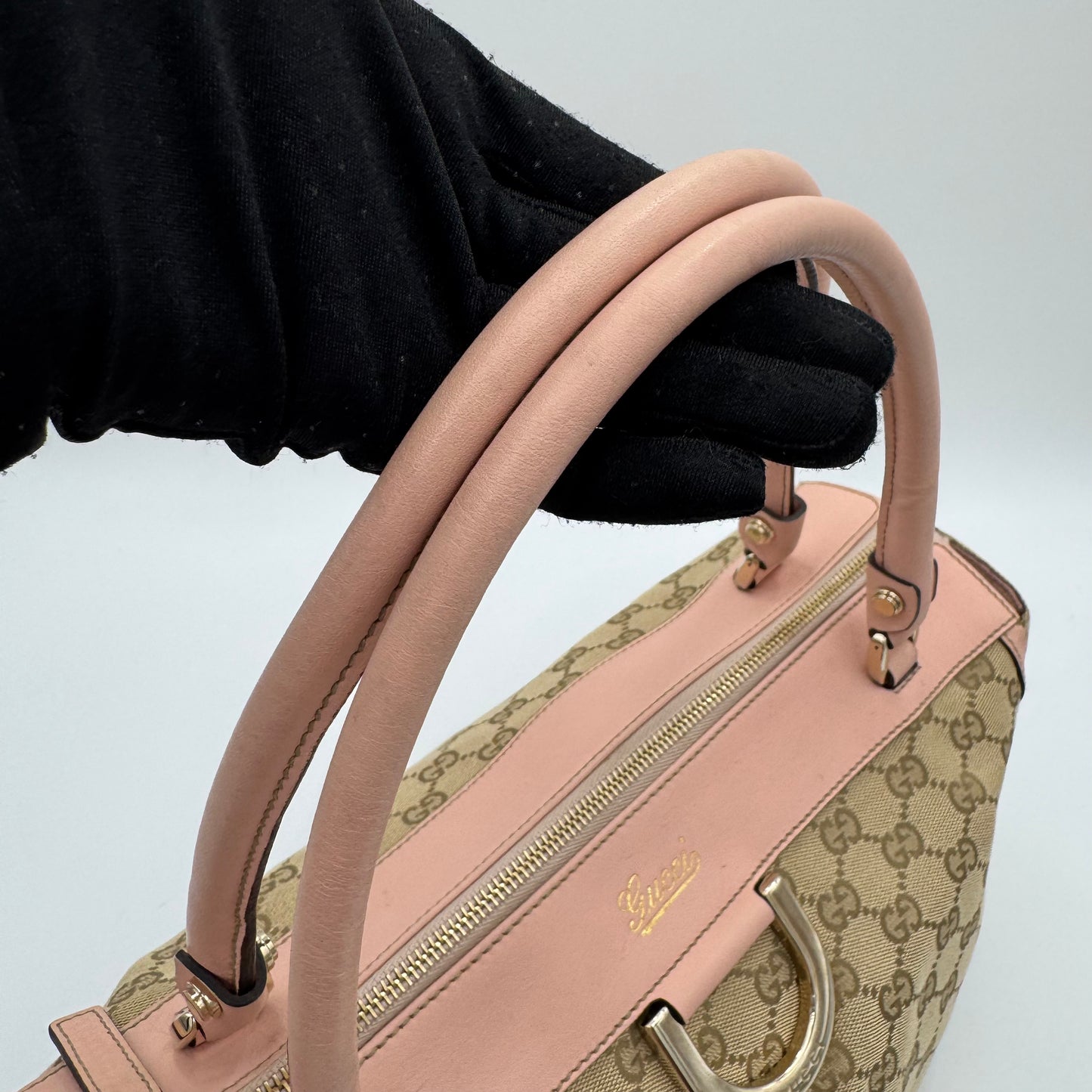 Gucci Beige Monogram Canvas Light Pink Leather Abbey D-Ring Tote Shoulder Bag