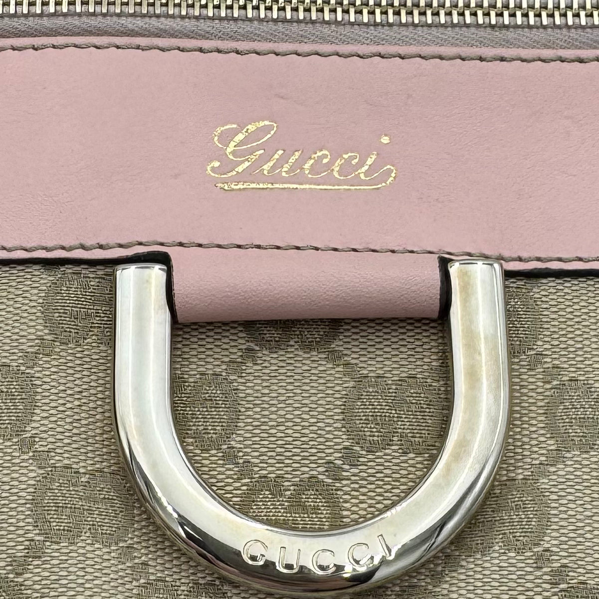 Gucci Beige Monogram Canvas Light Pink Leather Abbey D-Ring Tote Shoulder Bag