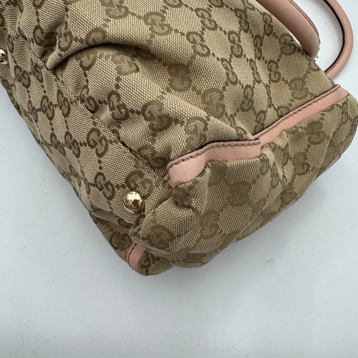 Gucci Beige Monogram Canvas Light Pink Leather Abbey D-Ring Tote Shoulder Bag