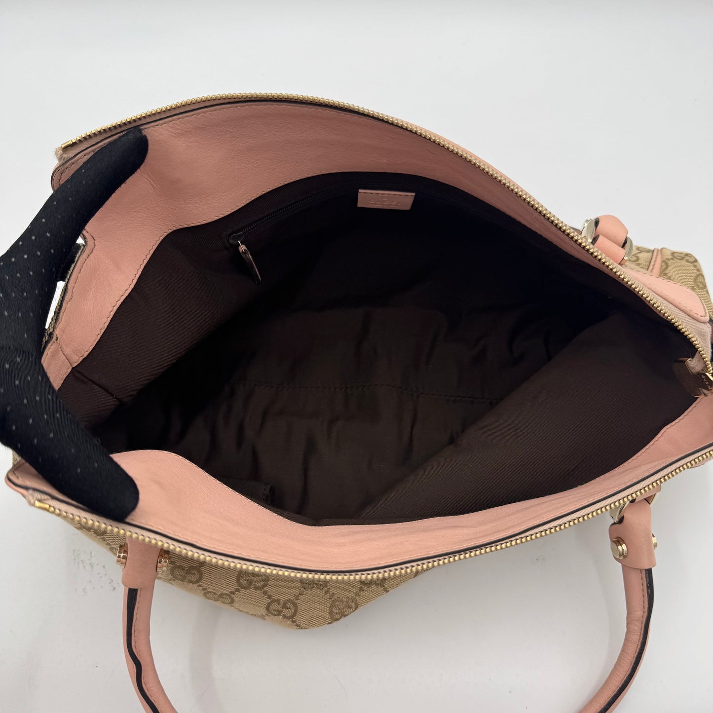 Gucci Beige Monogram Canvas Light Pink Leather Abbey D-Ring Tote Shoulder Bag