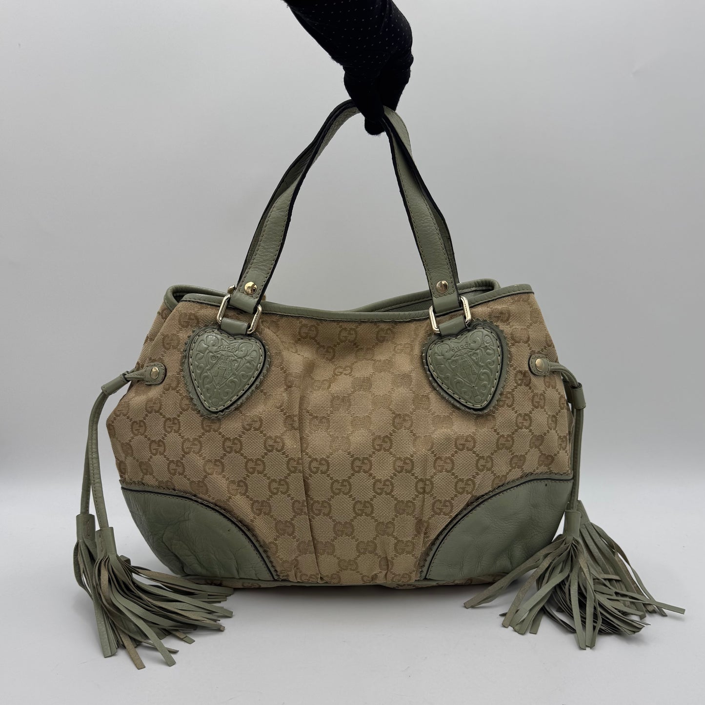 Gucci Beige Monogram Canvas Sage Green Leather Tribeca Tote Bag