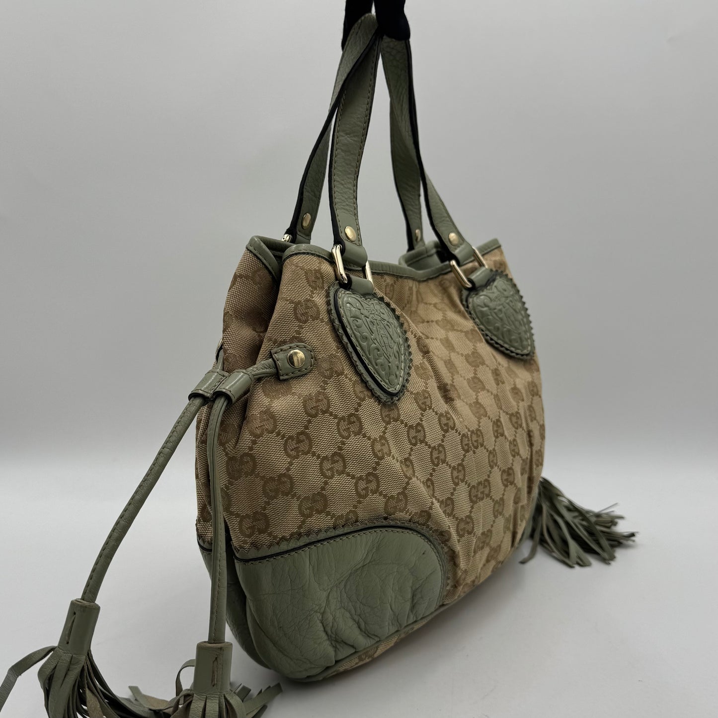 Gucci Beige Monogram Canvas Sage Green Leather Tribeca Tote Bag