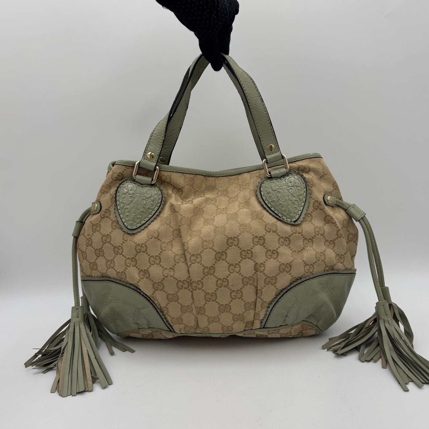 Gucci Beige Monogram Canvas Sage Green Leather Tribeca Tote Bag