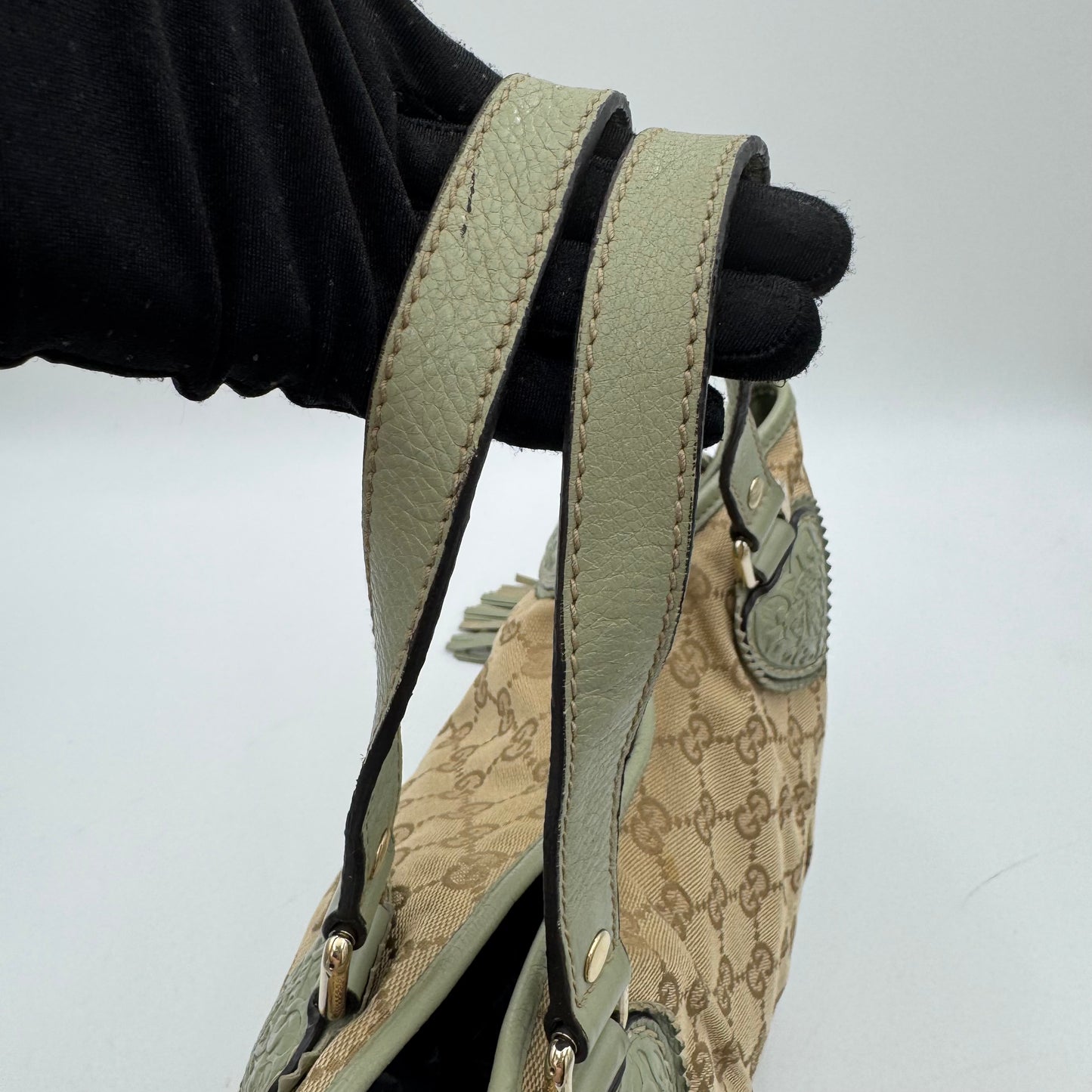Gucci Beige Monogram Canvas Sage Green Leather Tribeca Tote Bag