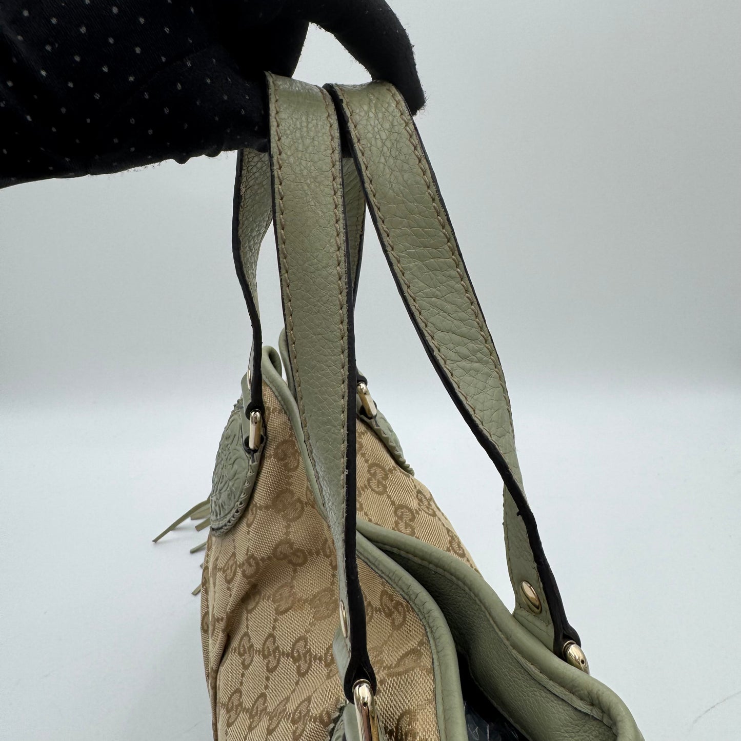 Gucci Beige Monogram Canvas Sage Green Leather Tribeca Tote Bag