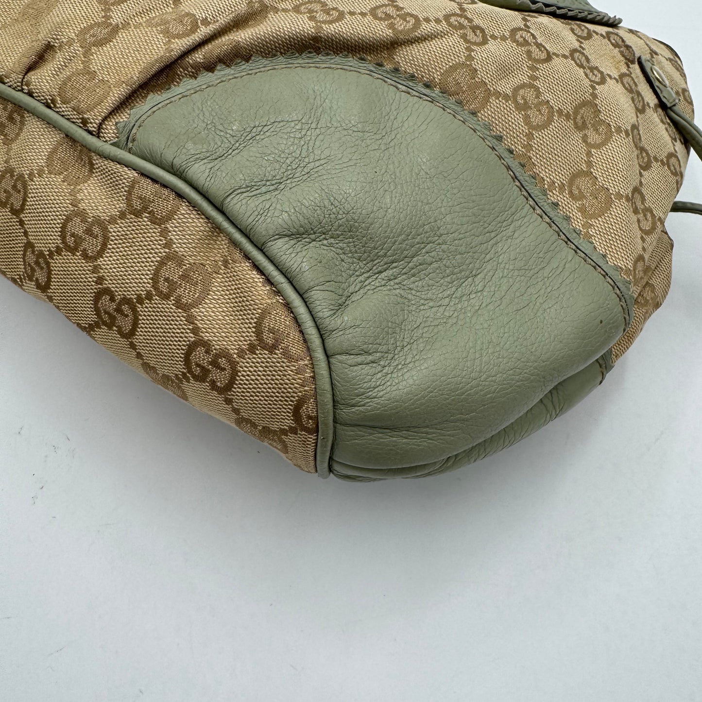 Gucci Beige Monogram Canvas Sage Green Leather Tribeca Tote Bag