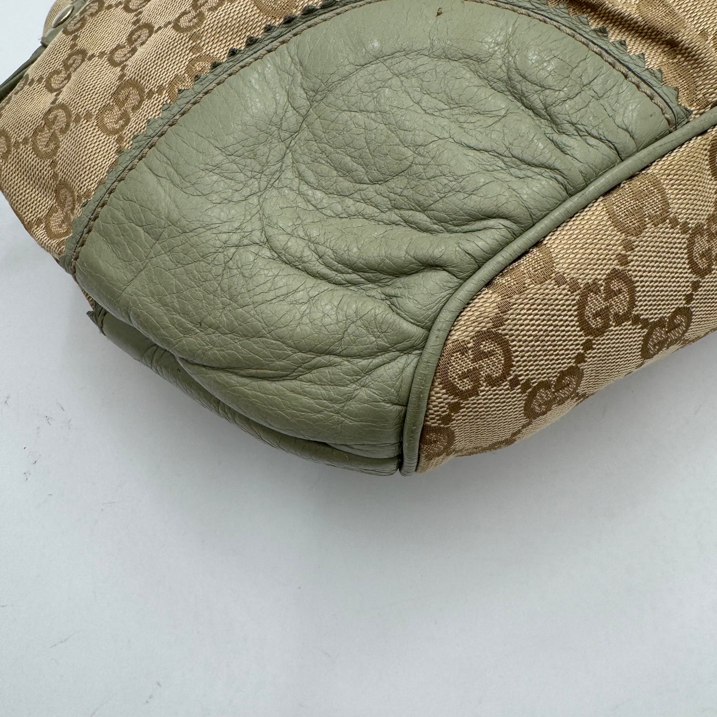 Gucci Beige Monogram Canvas Sage Green Leather Tribeca Tote Bag