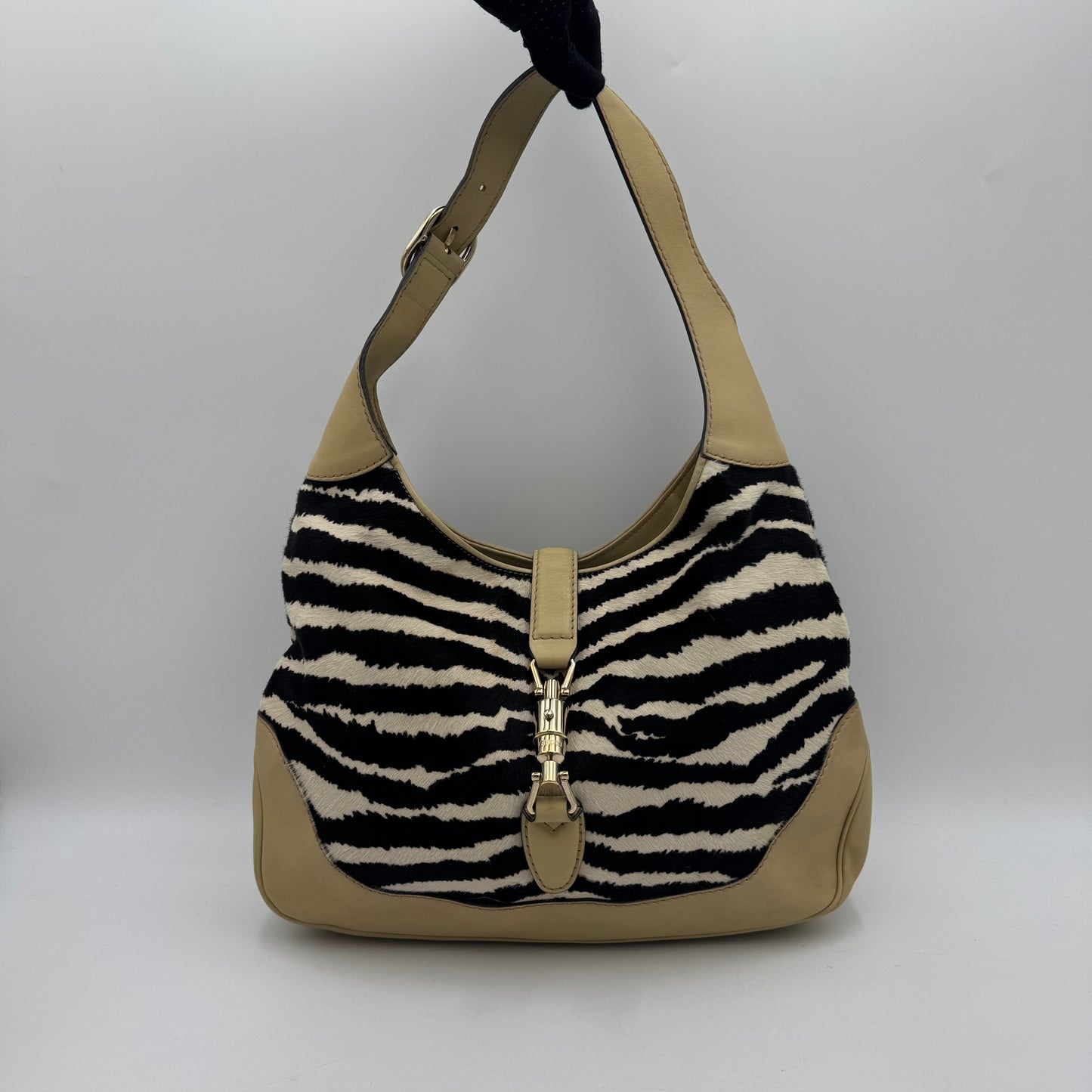 Gucci Zebra Print Pony Hair Beige Leather Jackie Hobo Bag