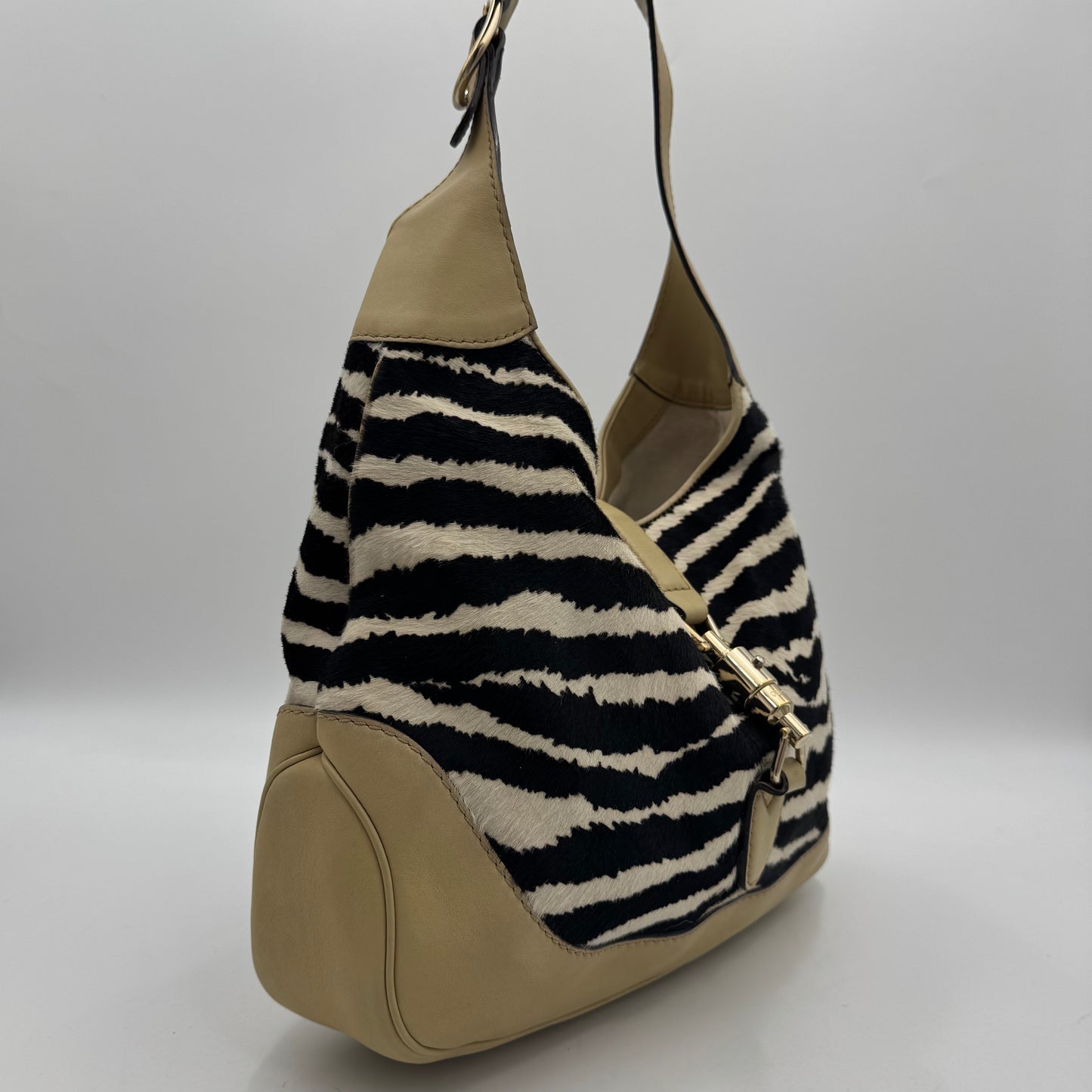 Gucci Zebra Print Pony Hair Beige Leather Jackie Hobo Bag