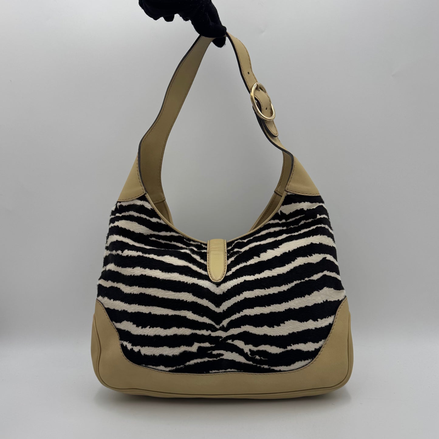 Gucci Zebra Print Pony Hair Beige Leather Jackie Hobo Bag
