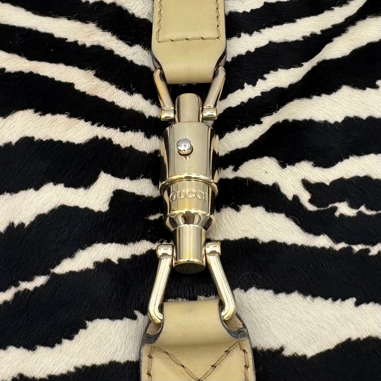 Gucci Zebra Print Pony Hair Beige Leather Jackie Hobo Bag