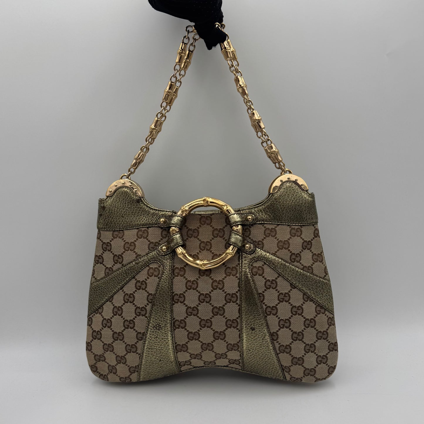 Gucci Tom Ford Monogram Canvas Metallic Olive Green Leather Bamboo Ring Chain Shoulder Bag