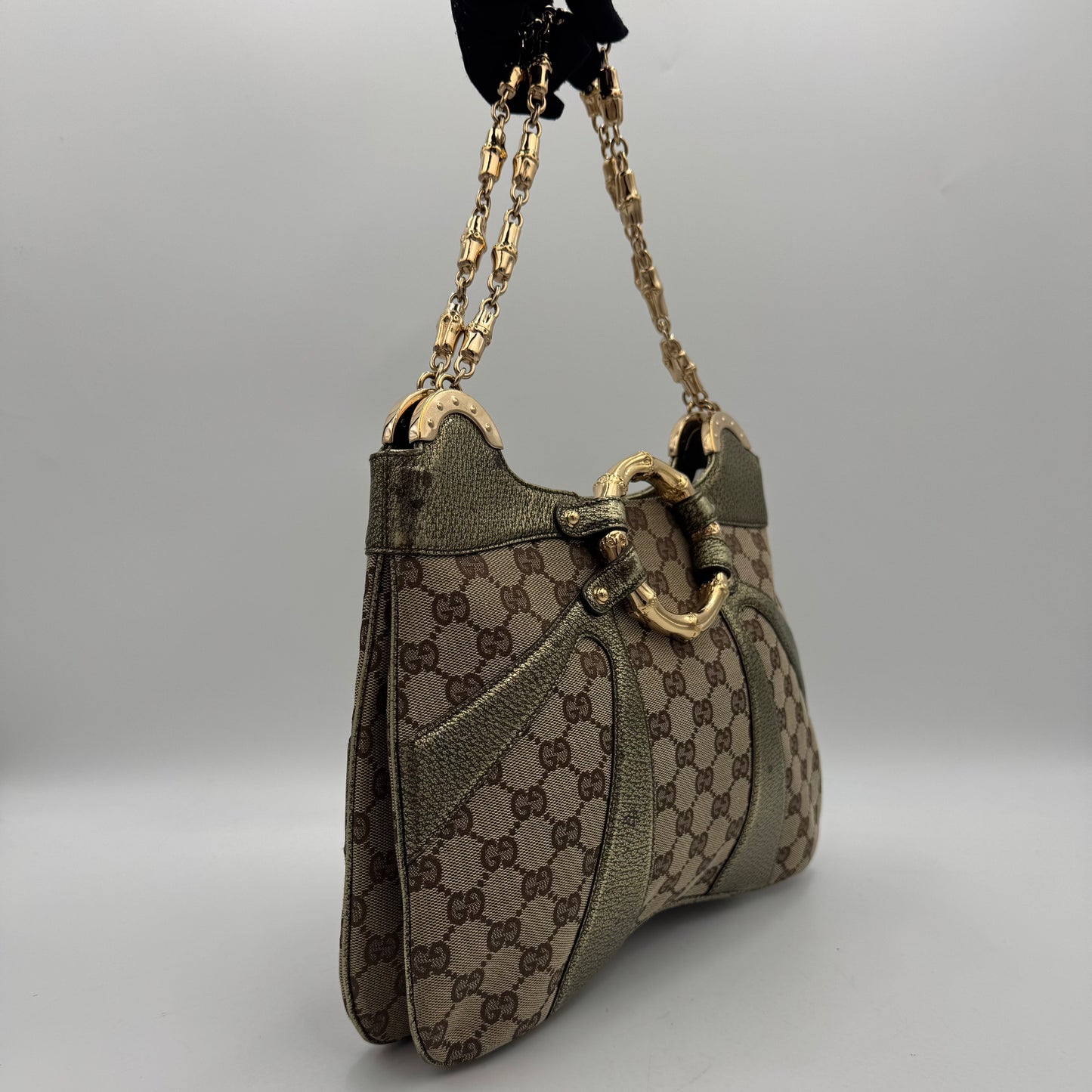 Gucci Tom Ford Monogram Canvas Metallic Olive Green Leather Bamboo Ring Chain Shoulder Bag