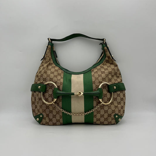 Gucci GG Canvas Green Web Horsebit Chain Large Hobo Bag
