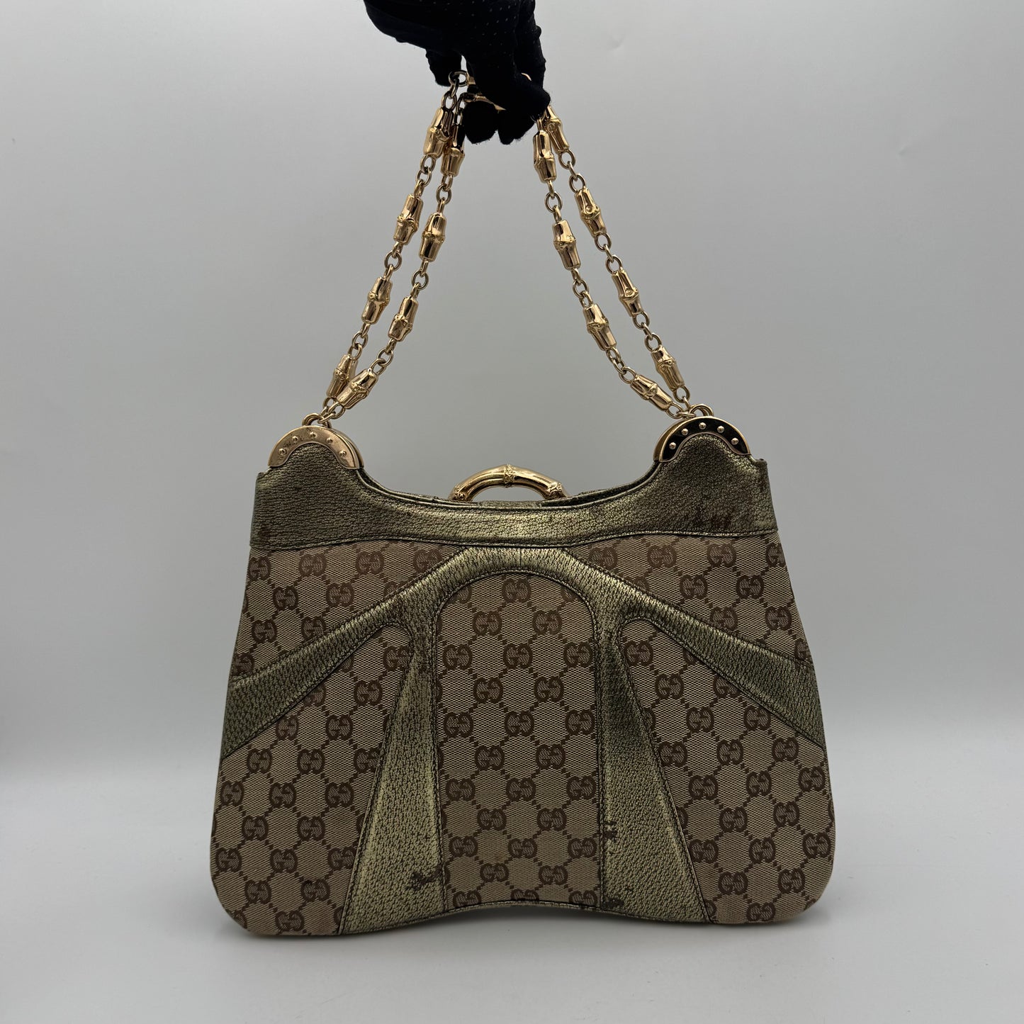 Gucci Tom Ford Monogram Canvas Metallic Olive Green Leather Bamboo Ring Chain Shoulder Bag