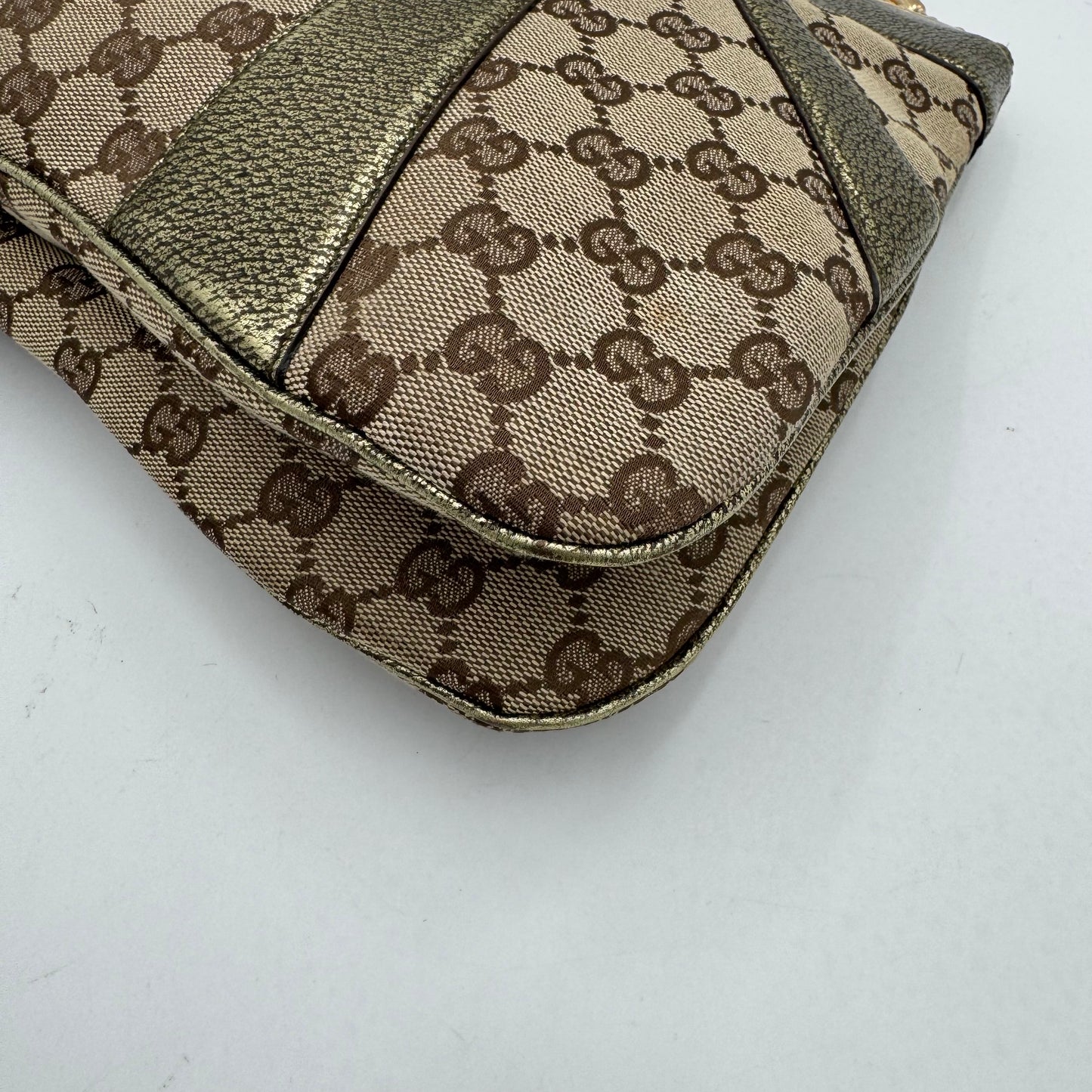 Gucci Tom Ford Monogram Canvas Metallic Olive Green Leather Bamboo Ring Chain Shoulder Bag