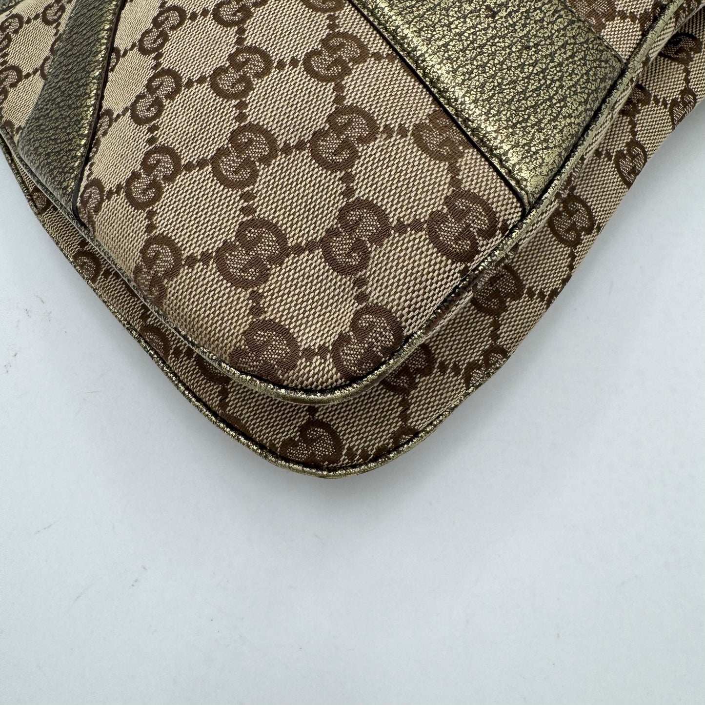 Gucci Tom Ford Monogram Canvas Metallic Olive Green Leather Bamboo Ring Chain Shoulder Bag
