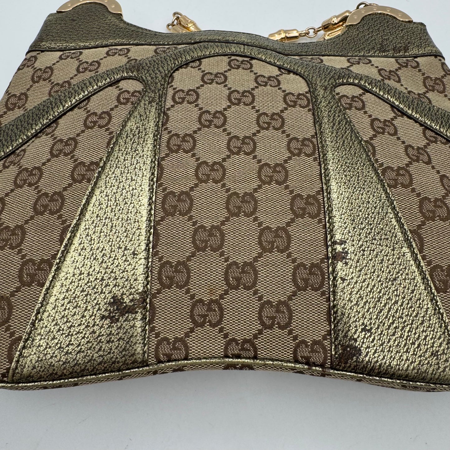Gucci Tom Ford Monogram Canvas Metallic Olive Green Leather Bamboo Ring Chain Shoulder Bag