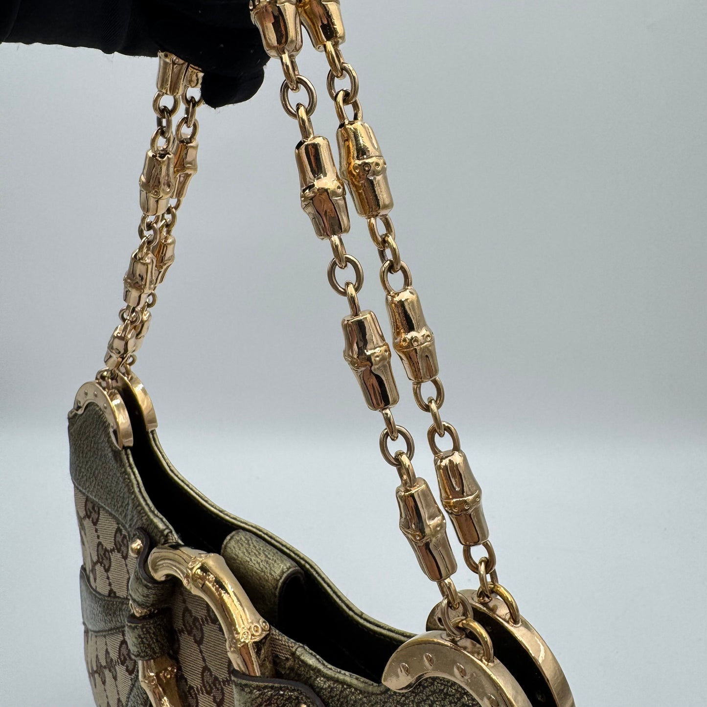 Gucci Tom Ford Monogram Canvas Metallic Olive Green Leather Bamboo Ring Chain Shoulder Bag
