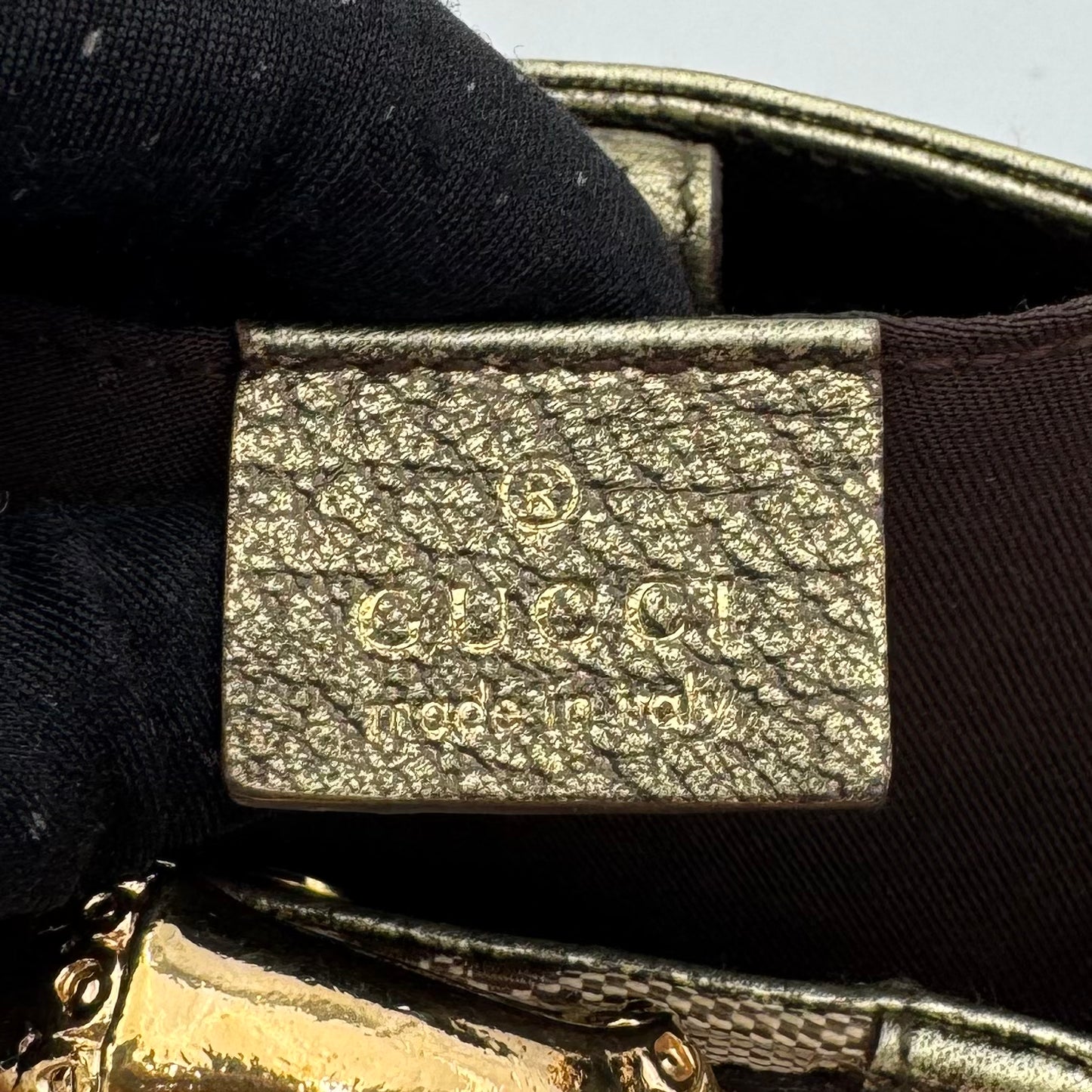 Gucci Tom Ford Monogram Canvas Metallic Olive Green Leather Bamboo Ring Chain Shoulder Bag
