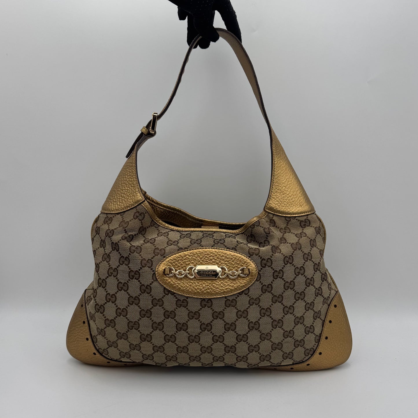 Gucci Monogram Canvas and Gold Leather Punch Large Hobo Bag with Wallet