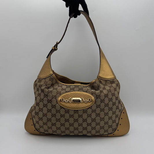 Gucci Monogram Canvas and Gold Leather Punch Large Hobo Bag with Wallet