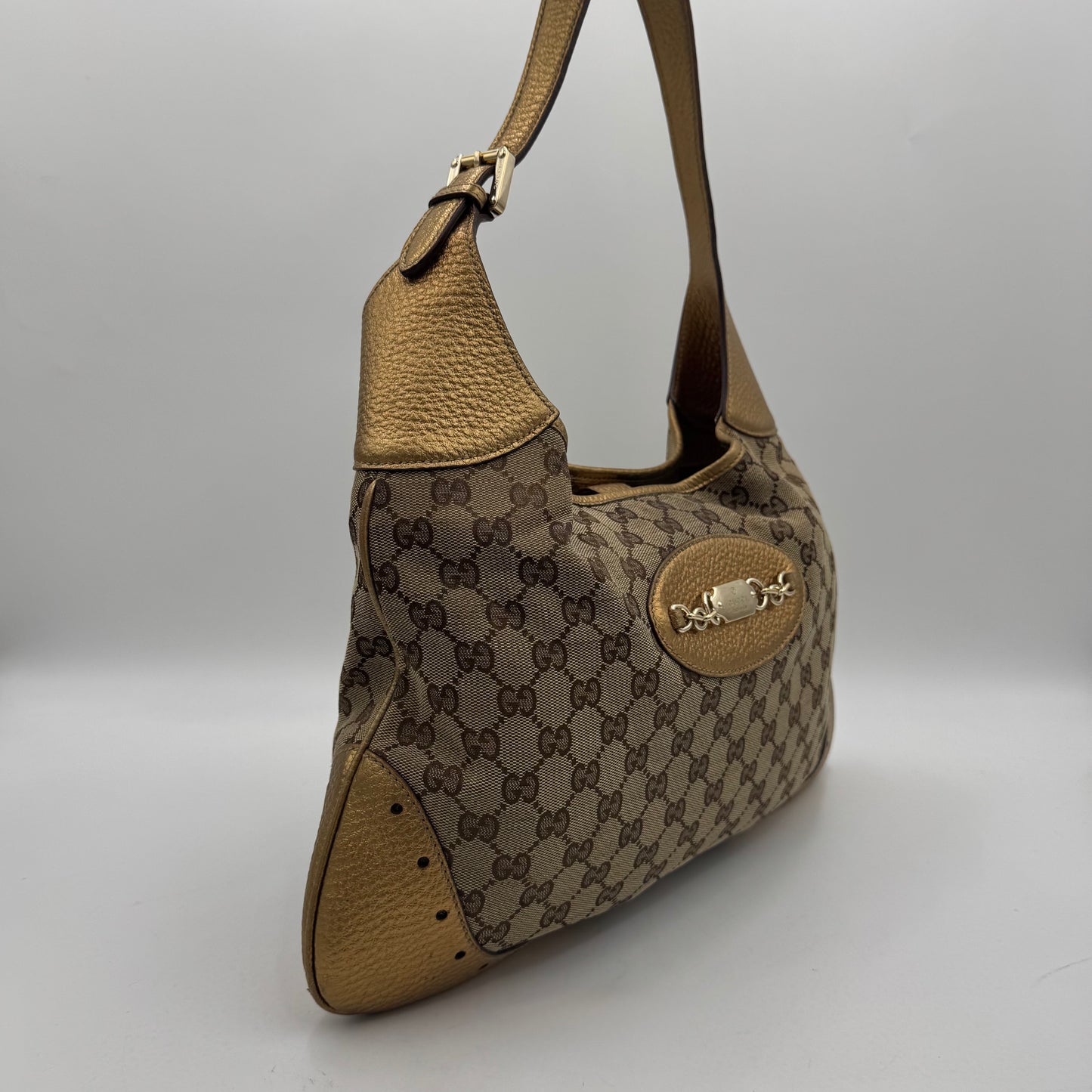Gucci Monogram Canvas and Gold Leather Punch Large Hobo Bag with Wallet