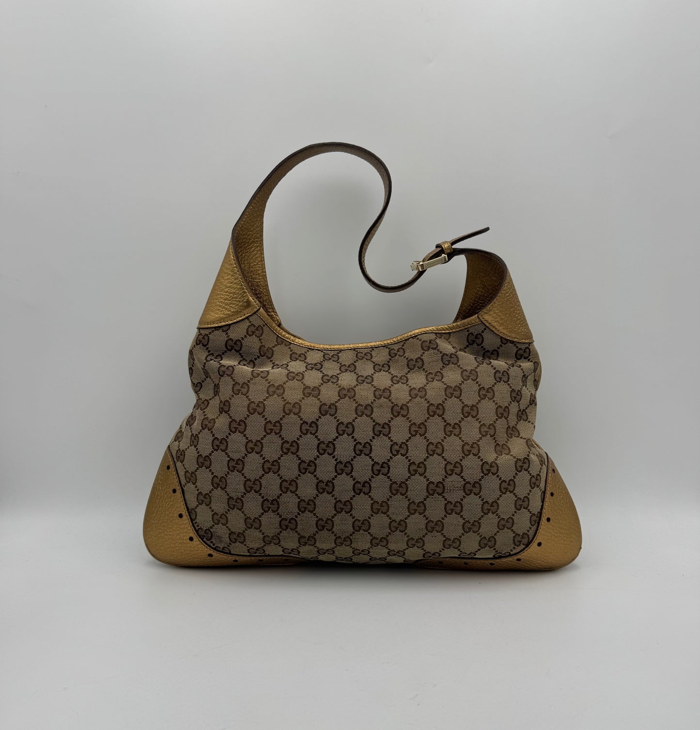 Gucci Monogram Canvas and Gold Leather Punch Large Hobo Bag with Wallet