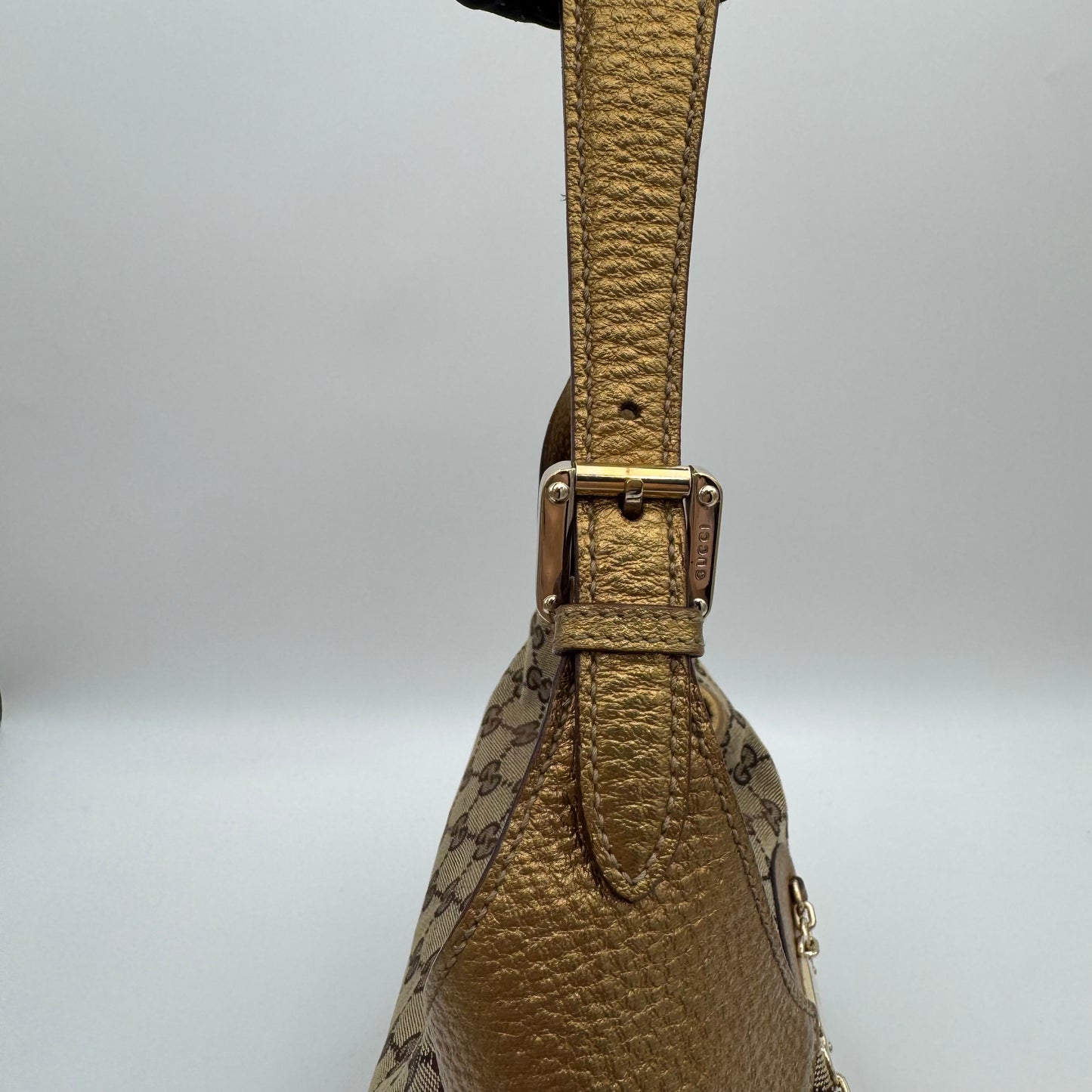 Gucci Monogram Canvas and Gold Leather Punch Large Hobo Bag with Wallet