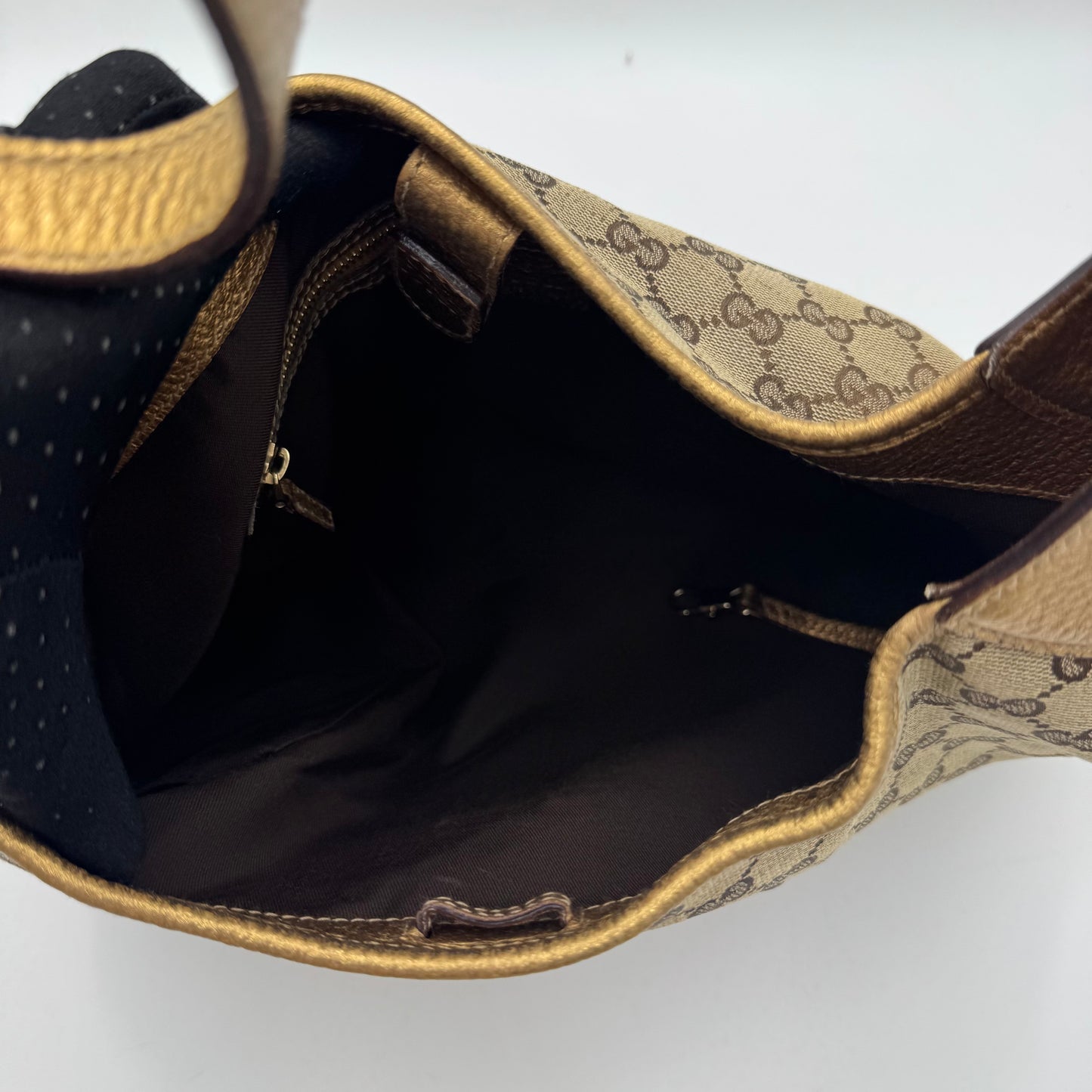 Gucci Monogram Canvas and Gold Leather Punch Large Hobo Bag with Wallet