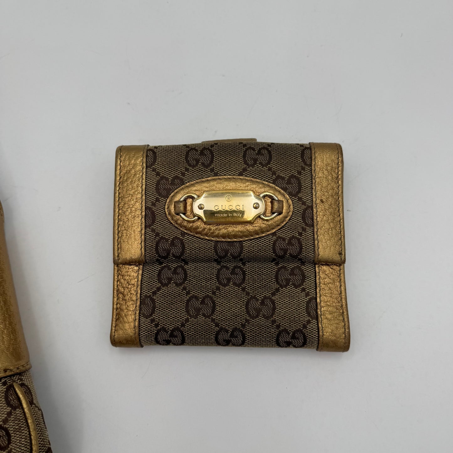 Gucci Monogram Canvas and Gold Leather Punch Large Hobo Bag with Wallet