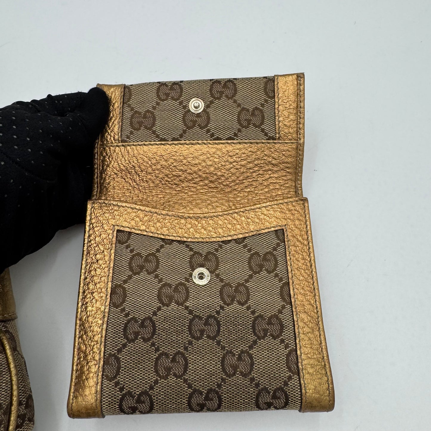 Gucci Monogram Canvas and Gold Leather Punch Large Hobo Bag with Wallet