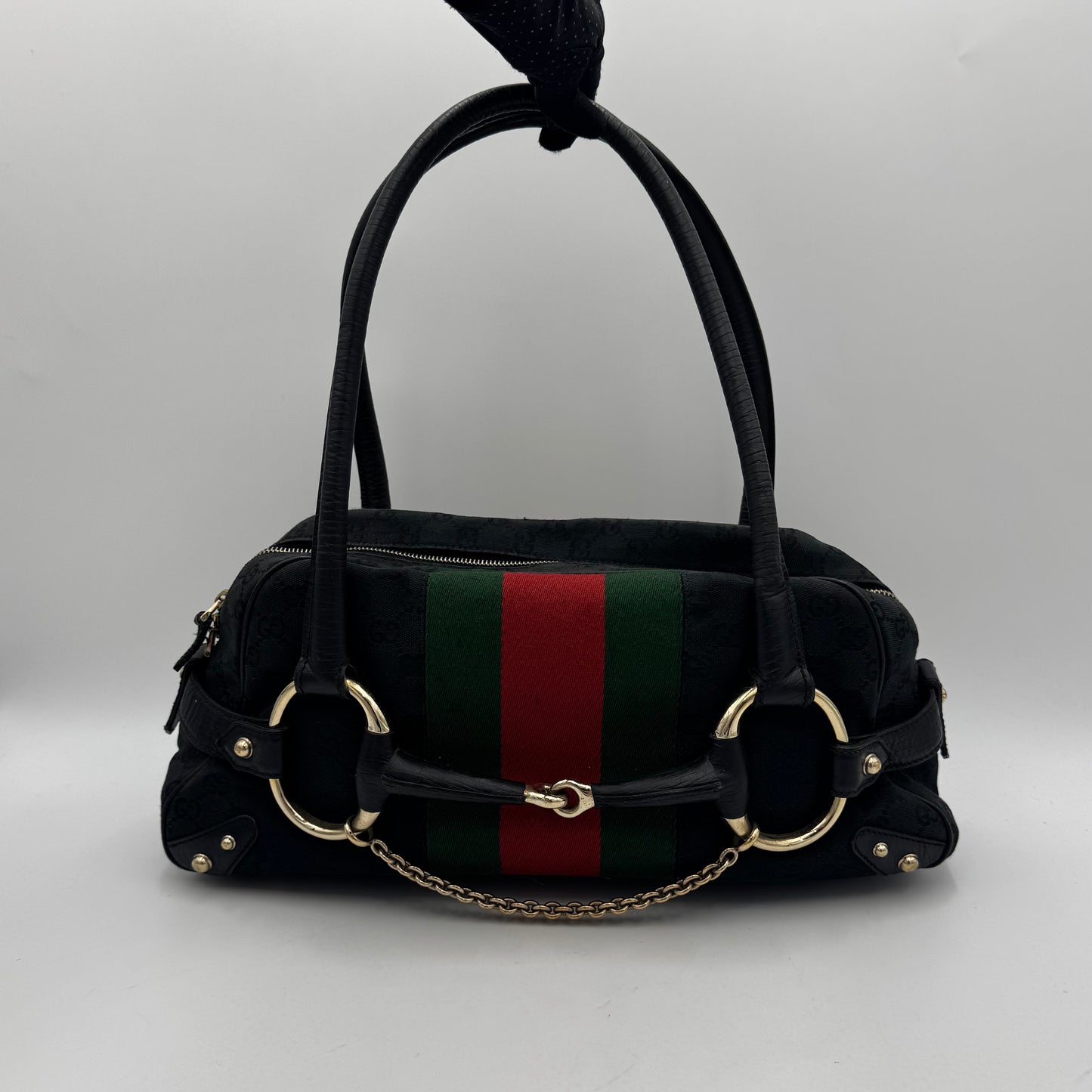 Gucci Black Monogram Canvas Sherryline Horsebit Chain Bowling Bag