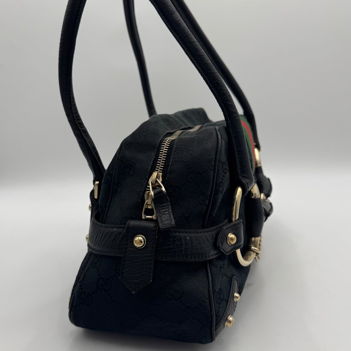 Gucci Black Monogram Canvas Sherryline Horsebit Chain Bowling Bag