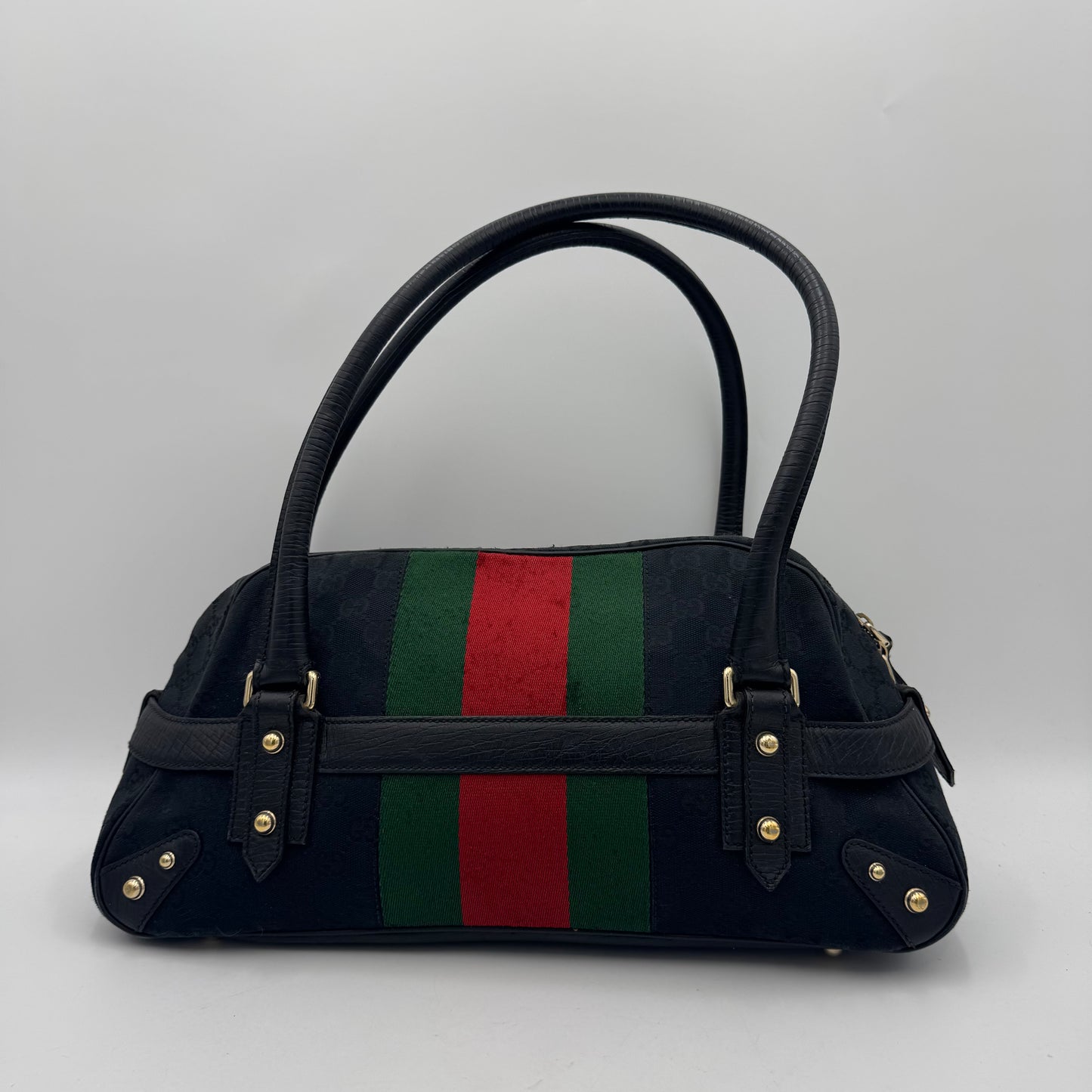 Gucci Black Monogram Canvas Sherryline Horsebit Chain Bowling Bag