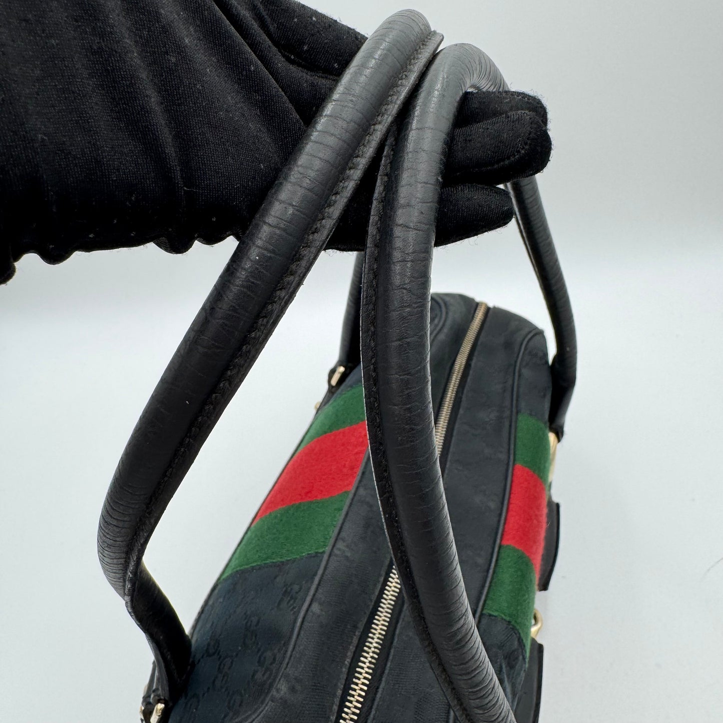 Gucci Black Monogram Canvas Sherryline Horsebit Chain Bowling Bag