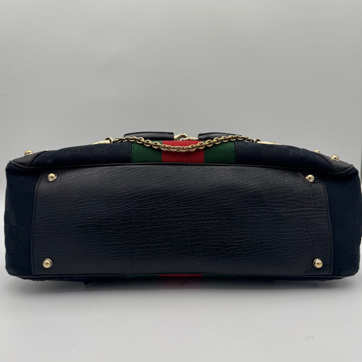 Gucci Black Monogram Canvas Sherryline Horsebit Chain Bowling Bag