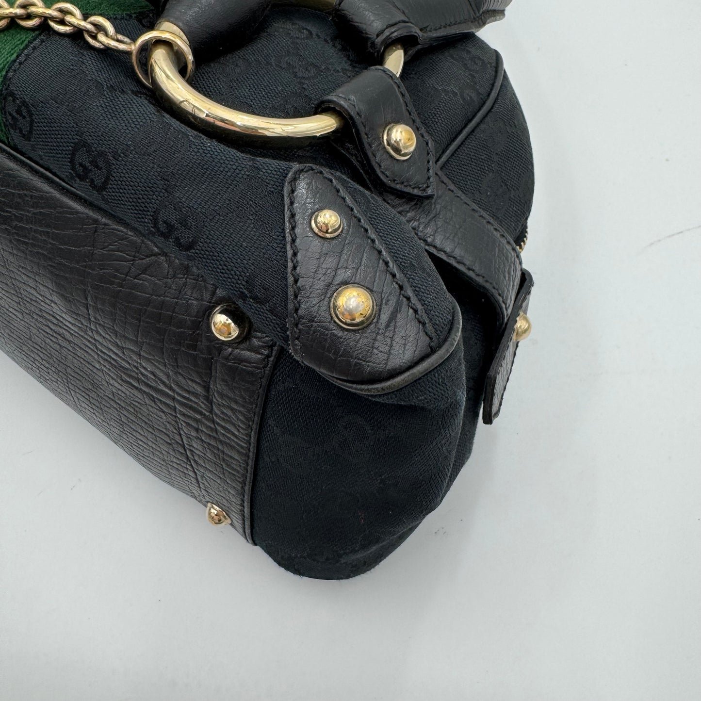 Gucci Black Monogram Canvas Sherryline Horsebit Chain Bowling Bag