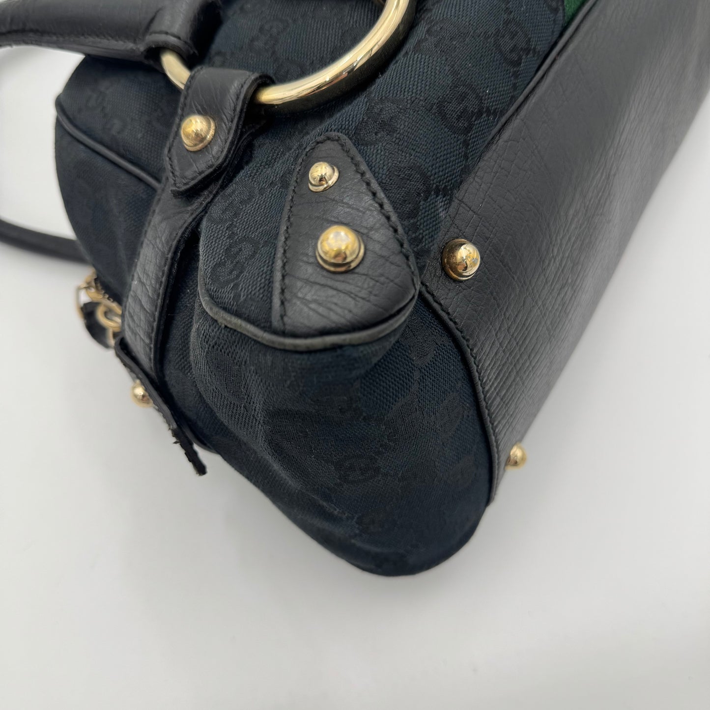 Gucci Black Monogram Canvas Sherryline Horsebit Chain Bowling Bag