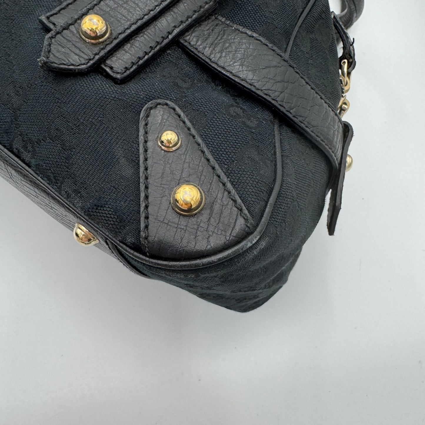 Gucci Black Monogram Canvas Sherryline Horsebit Chain Bowling Bag