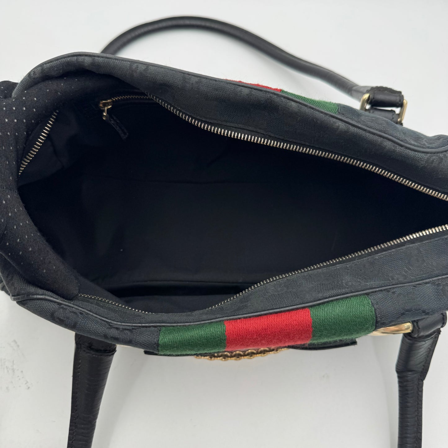 Gucci Black Monogram Canvas Sherryline Horsebit Chain Bowling Bag