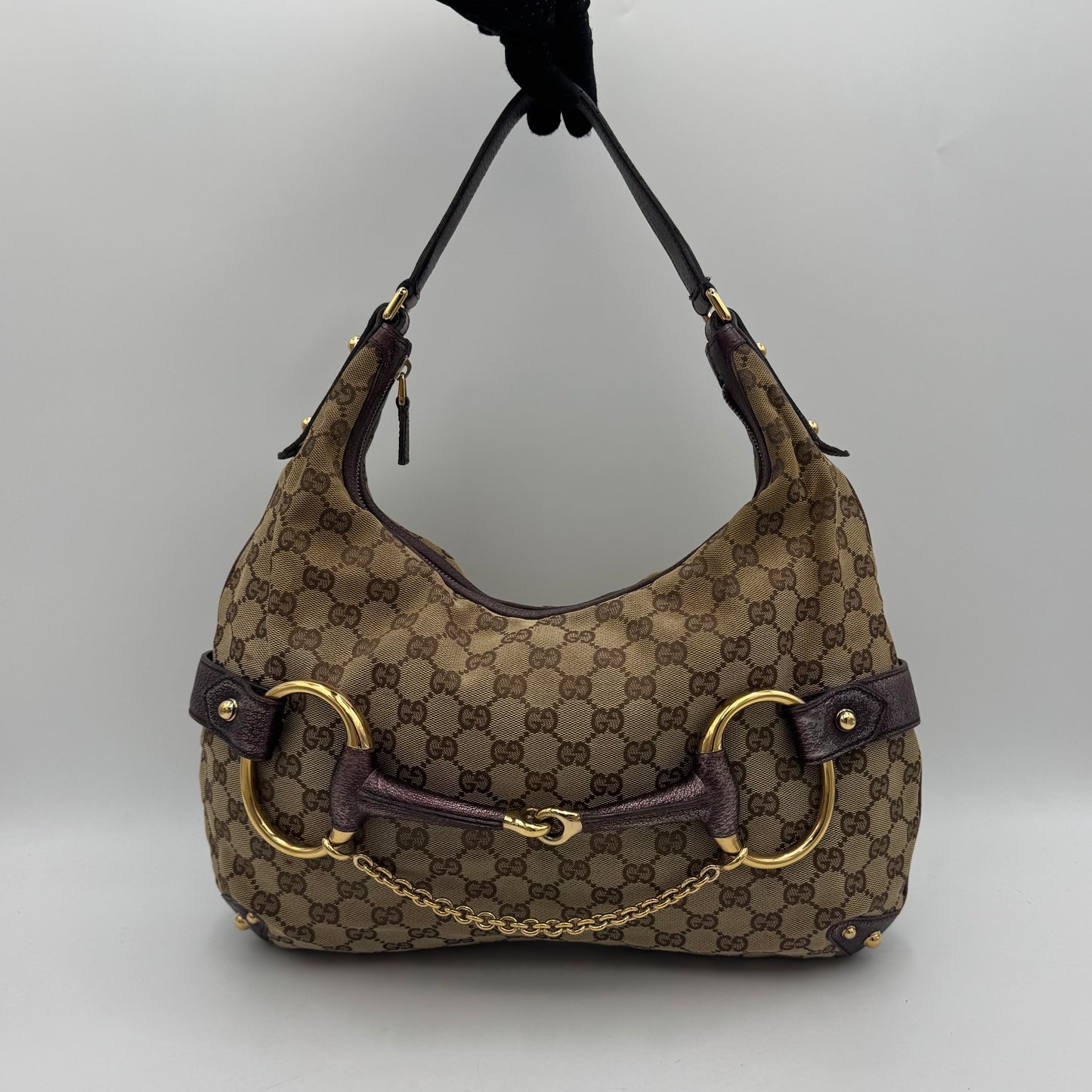 Gucci Beige Monogram Canvas Metallic Purple Leather Horsebit Chain Hobo Bag