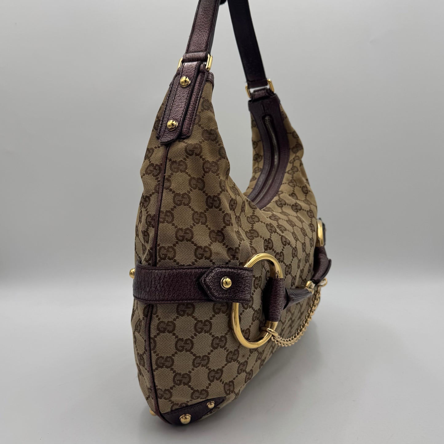 Gucci Beige Monogram Canvas Metallic Purple Leather Horsebit Chain Hobo Bag
