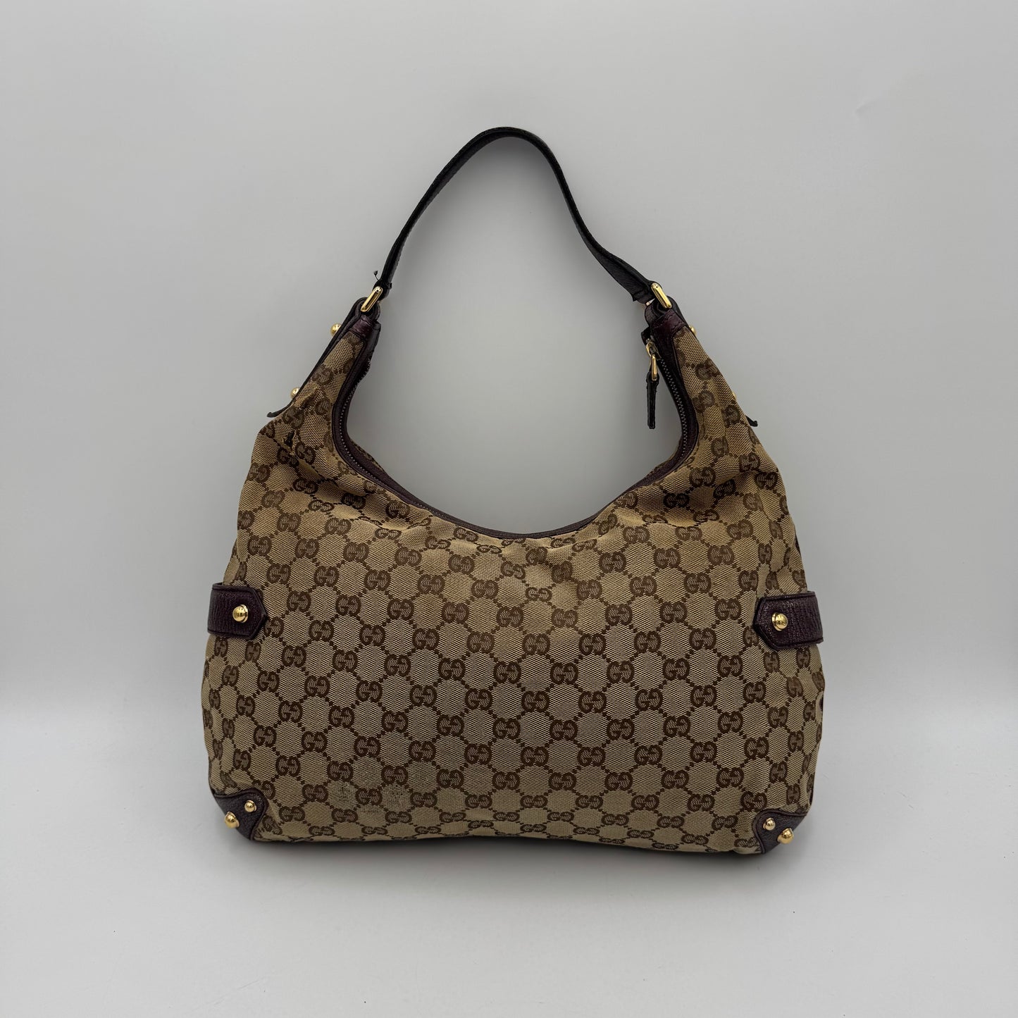 Gucci Beige Monogram Canvas Metallic Purple Leather Horsebit Chain Hobo Bag