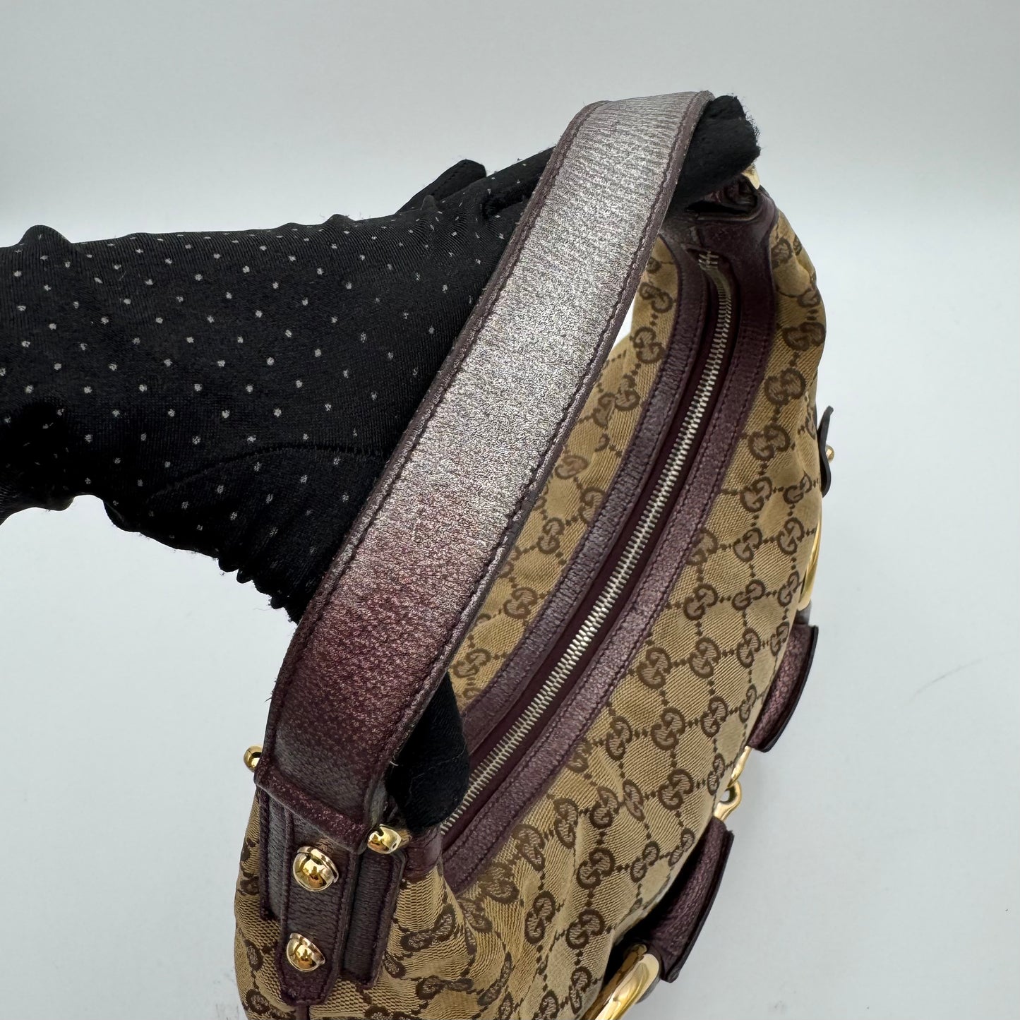 Gucci Beige Monogram Canvas Metallic Purple Leather Horsebit Chain Hobo Bag