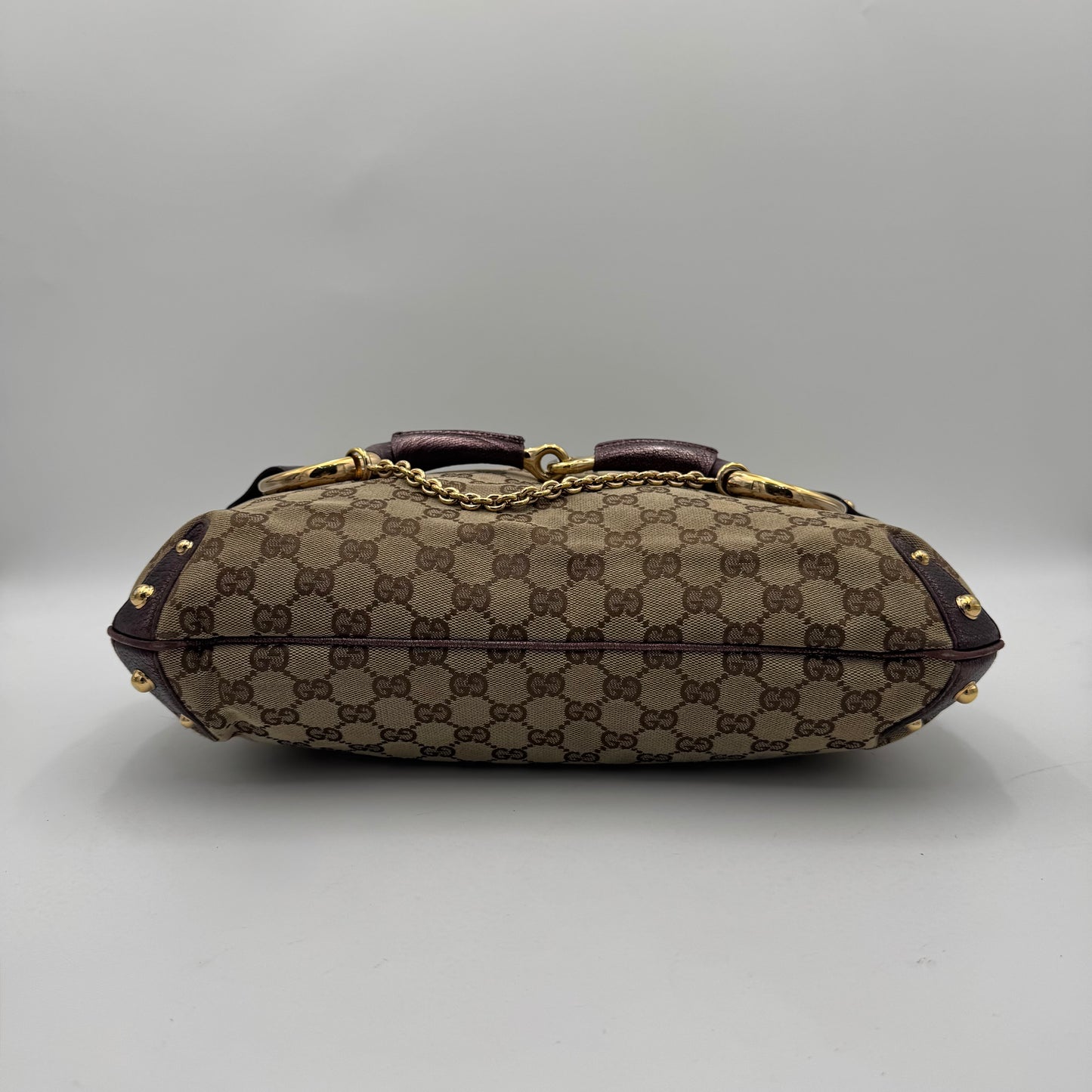 Gucci Beige Monogram Canvas Metallic Purple Leather Horsebit Chain Hobo Bag