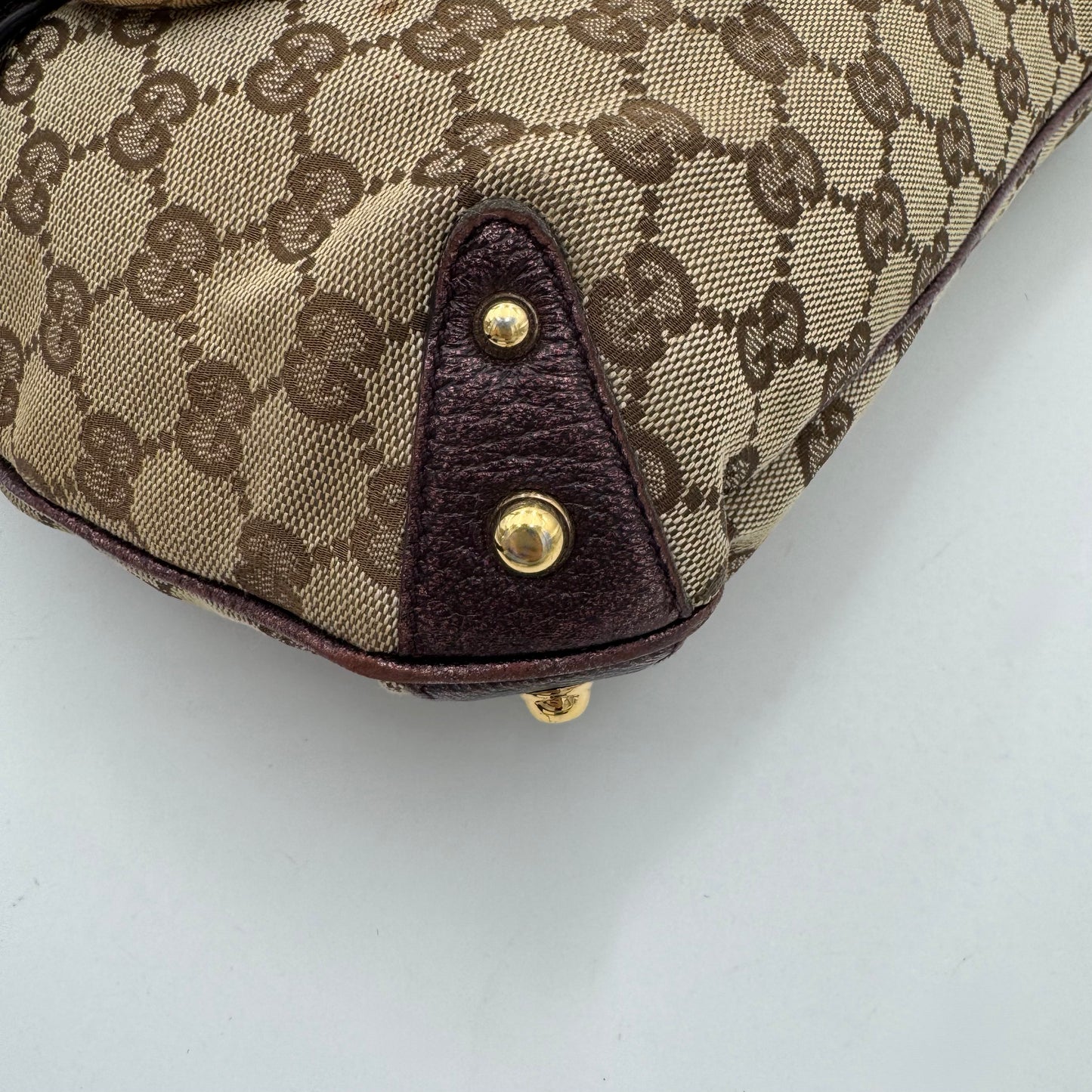 Gucci Beige Monogram Canvas Metallic Purple Leather Horsebit Chain Hobo Bag
