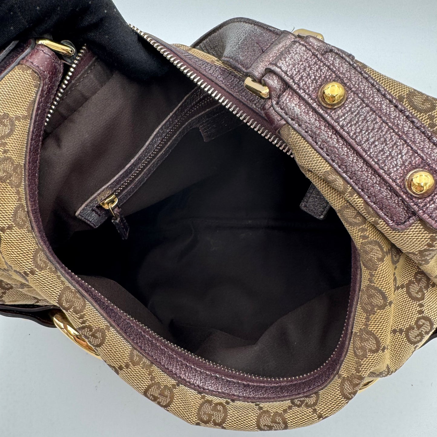 Gucci Beige Monogram Canvas Metallic Purple Leather Horsebit Chain Hobo Bag
