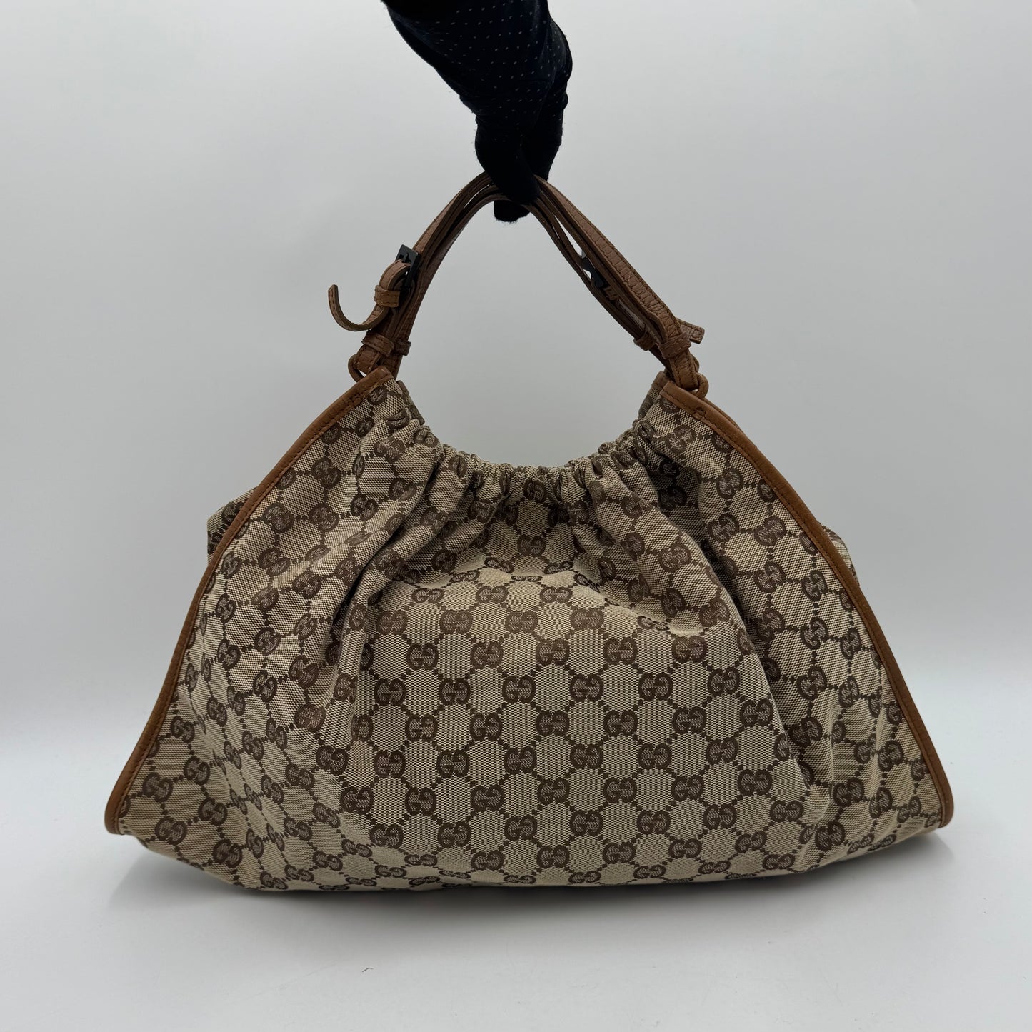Gucci Brown Monogram Canvas and Leather Ruched Handbag